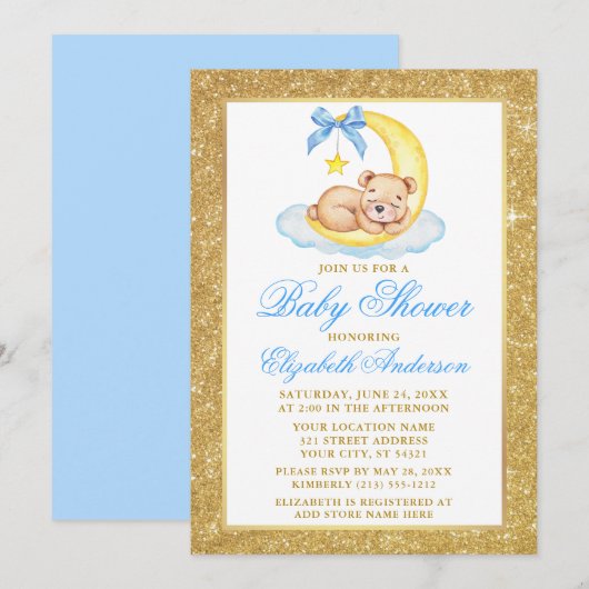 Teddy Bear Moon Gold Glitter Baby shower Blue Kaart (Voorkant / Achterkant)