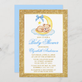 Teddy Bear Moon Gold Glitter Baby shower Blue Kaart