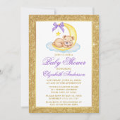 Teddy Bear Moon Gold Glitter Baby shower Paars Kaart (Voorkant)