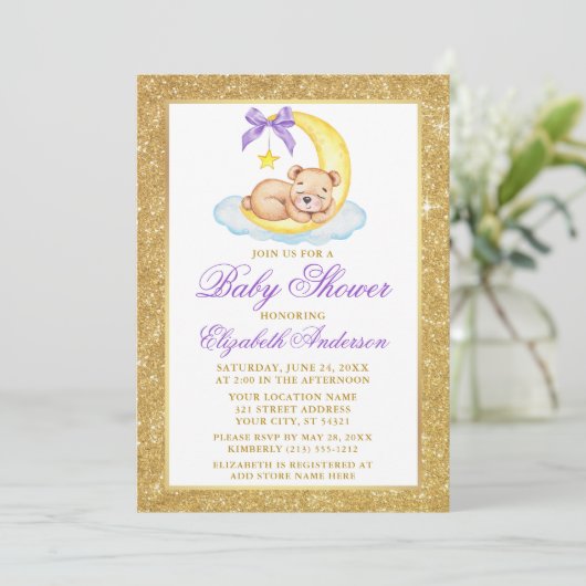 Teddy Bear Moon Gold Glitter Baby shower Paars Kaart (Staand voorkant)