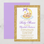 Teddy Bear Moon Gold Glitter Baby shower Paars Kaart (Voorkant / Achterkant)