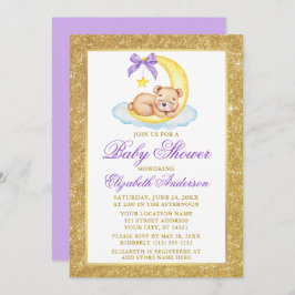 Teddy Bear Moon Gold Glitter Baby shower Paars Kaart