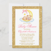 Teddy Bear Moon Gold Glitter Baby shower Roze Kaart (Voorkant)