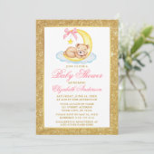 Teddy Bear Moon Gold Glitter Baby shower Roze Kaart (Staand voorkant)