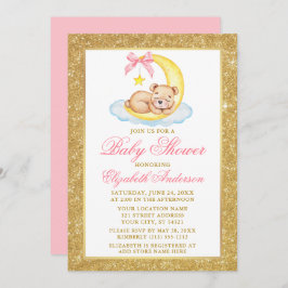 Teddy Bear Moon Gold Glitter Baby shower Roze Kaart