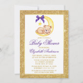 Teddy Bear Moon Gold Glitter Paars Baby shower Kaart (Voorkant)