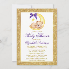 Teddy Bear Moon Gold Glitter Paars Baby shower Kaart