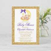Teddy Bear Moon Gold Glitter Paars Baby shower Kaart (Staand voorkant)