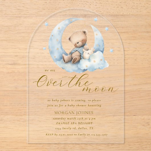 Teddy Bear Moon Over the Moon Baby shower Acryl Uitnodigingen (Voorkant)