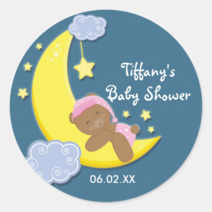 Teddy Bear Moon & Stars Baby shower Meisjes Sticke Ronde Sticker
