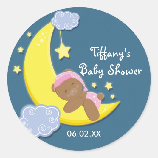 Teddy Bear Moon & Stars Baby shower Meisjes Sticke Ronde Sticker (Voorkant)