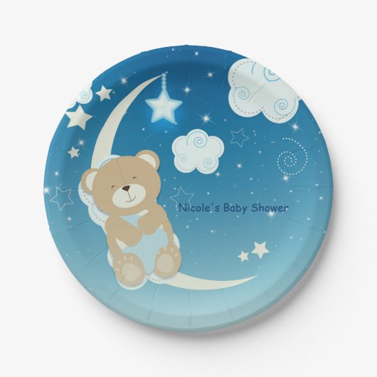 Teddy Bear Moon & Stars Baby shower Sprinkle Papieren Bordje (Voorkant)