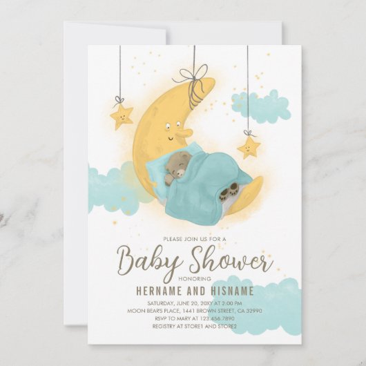 Teddy Bear Moon Stars Boy Baby shower Kaart (Voorkant)