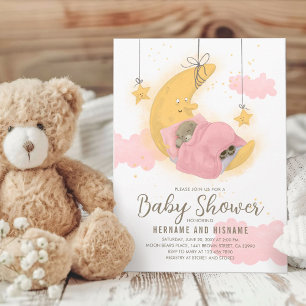 Teddy Bear Moon Stars Girl Baby shower Kaart