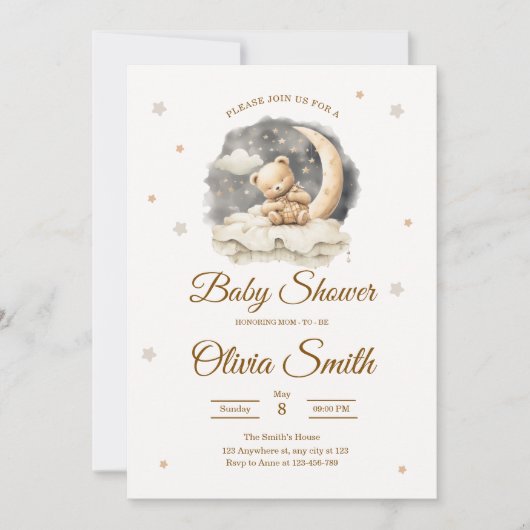 Teddy Bear Moon & Stars Neutral Baby Shower Kaart (Voorkant)