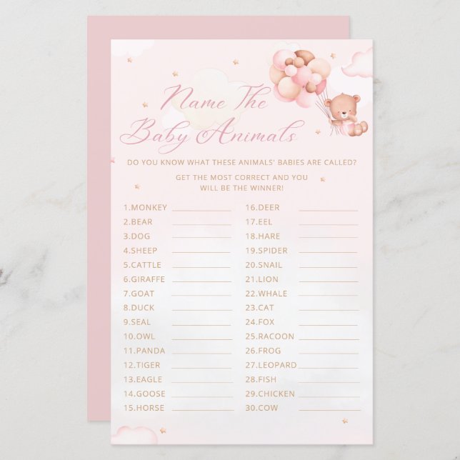 Teddy Bear Naam het Baby Animal Baby shower Game (Voorkant / Achterkant)