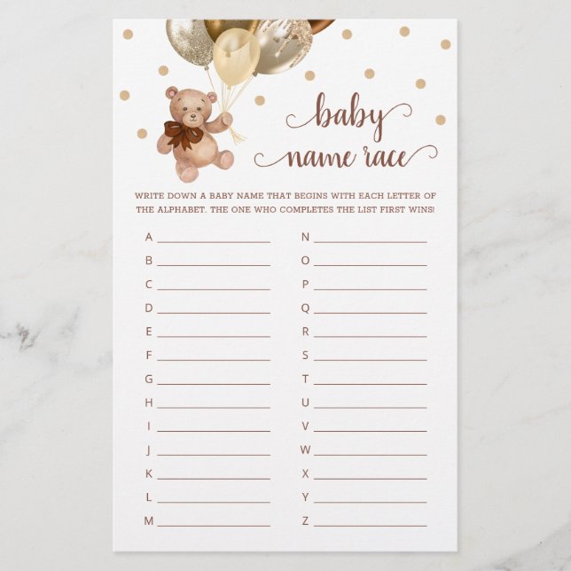 Teddy Bear Naam Race Baby shower Game (Voorkant)