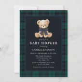 Teddy Bear Navy Plaid Baby Shower Invitation Kaart (Voorkant)