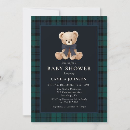 Teddy Bear Navy Plaid Baby Shower Invitation Kaart (Voorkant)