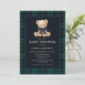 Teddy Bear Navy Plaid Baby Shower Invitation Kaart (Staand voorkant)