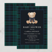 Teddy Bear Navy Plaid Baby Shower Invitation Kaart (Voorkant / Achterkant)