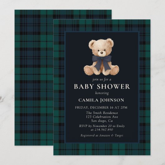 Teddy Bear Navy Plaid Baby Shower Invitation Kaart (Voorkant / Achterkant)