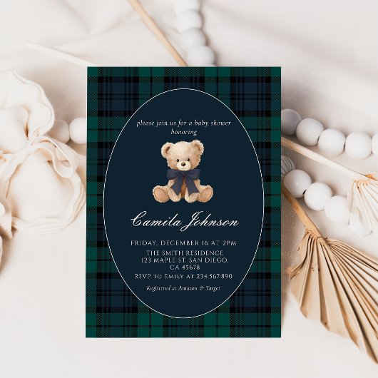 Teddy Bear Navy Plaid Baby Shower Invitation Kaart