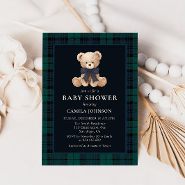 Teddy Bear Navy Plaid Baby Shower Invitation Kaart