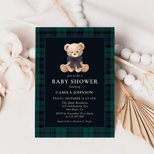 Teddy Bear Navy Plaid Baby Shower Invitation Kaart