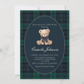 Teddy Bear Navy Plaid Baby Shower Invitation Kaart (Voorkant)