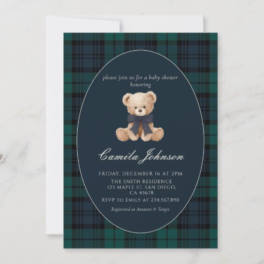 Teddy Bear Navy Plaid Baby Shower Invitation Kaart (Voorkant)
