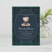 Teddy Bear Navy Plaid Baby Shower Invitation Kaart (Staand voorkant)