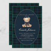 Teddy Bear Navy Plaid Baby Shower Invitation Kaart (Voorkant / Achterkant)