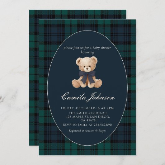 Teddy Bear Navy Plaid Baby Shower Invitation Kaart (Voorkant / Achterkant)