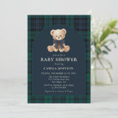 Teddy Bear Navy Plaid Baby Shower Invitation Kaart (Staand voorkant)