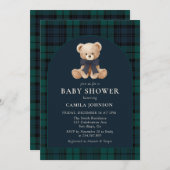 Teddy Bear Navy Plaid Baby Shower Invitation Kaart (Voorkant / Achterkant)