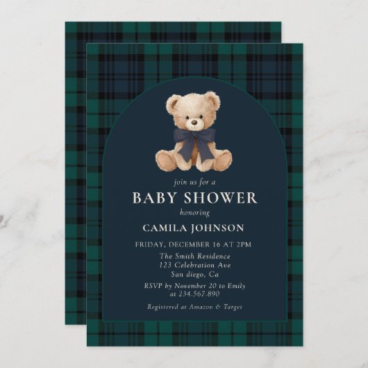 Teddy Bear Navy Plaid Baby Shower Invitation Kaart (Voorkant / Achterkant)