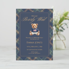 Teddy Bear Navy Tartan Plaid Classic Baby Shower Kaart