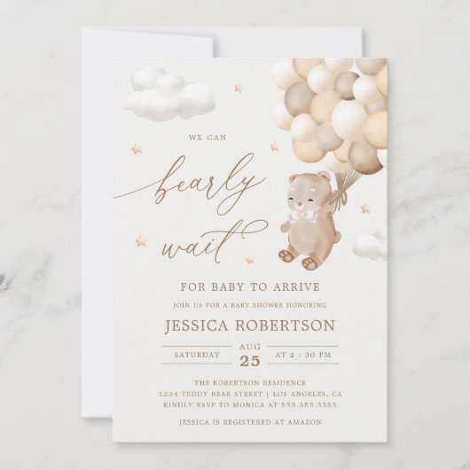 Teddy Bear Neutral Balloons Baby shower Uitnodigin Kaart (Voorkant)