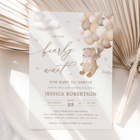 Teddy Bear Neutral Balloons Baby shower Uitnodigin Kaart