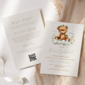 Teddy Bear Neutral Greenery QR Code Baby shower Kaart