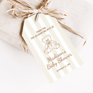 Teddy Bear Neutral Stripes Baby shower Cadeaulabel
