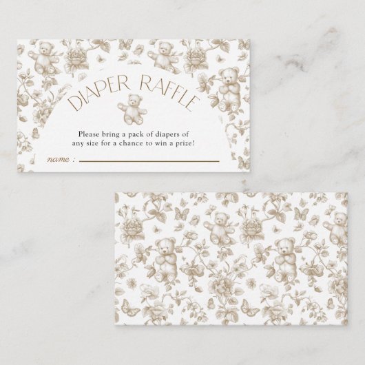 Teddy Bear Neutral Toile Luier Raffle Baby shower Informatiekaartje (Voorkant / Achterkant)