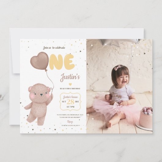 Teddy Bear nodigt eerste verjaardag uit met foto Kaart (Voorkant)