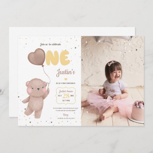 Teddy Bear nodigt eerste verjaardag uit met foto Kaart (Voorkant / Achterkant)