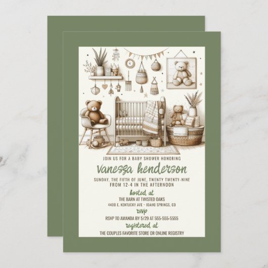 Teddy Bear Nursery Baby shower Uitnodiging (Voorkant / Achterkant)