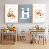 Teddy Bear Nursery Wall Art Set Moon & Cloud Baby