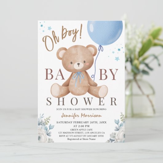 Teddy Bear Oh Boy Baby shower Blauwe Ballon Kaart (Staand voorkant)