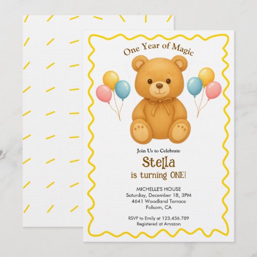Teddy Bear One Year of Magic First Birthday Kaart (Voorkant / Achterkant)