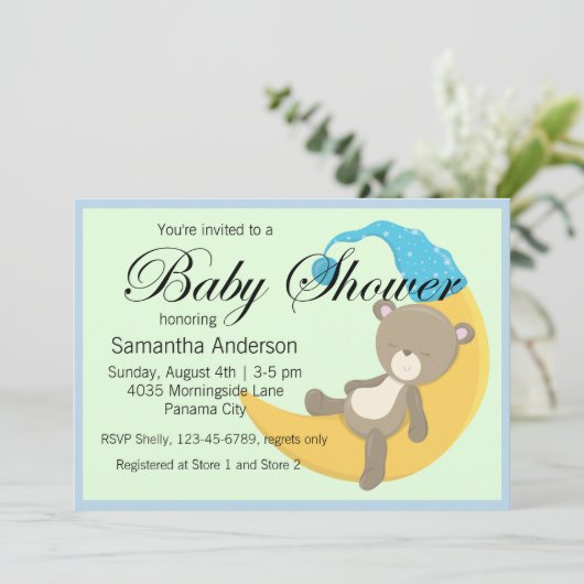 Teddy Bear op Crescent Moon Baby shower Kaart (Staand voorkant)